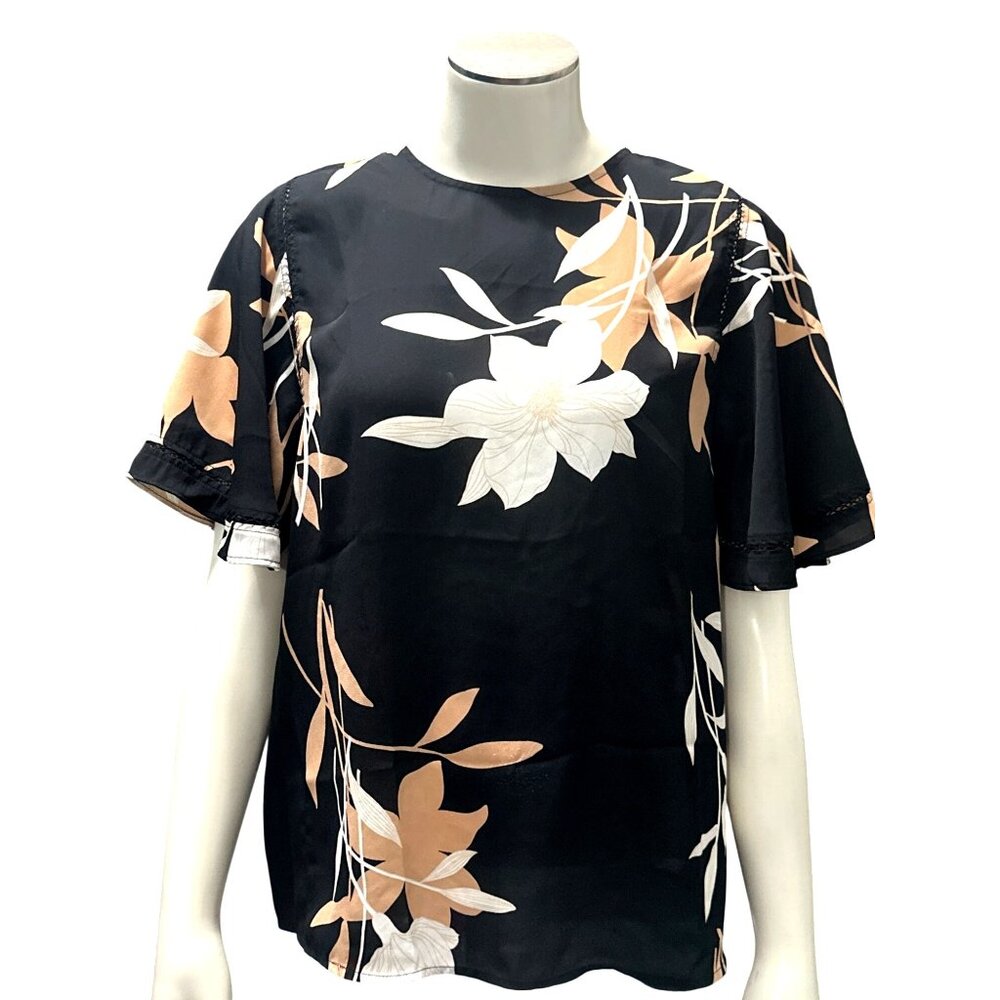 Ann Taylor SP Black Floral Blouse Flutter Sleeves Lightweight Career Top - Picture 2 of 10